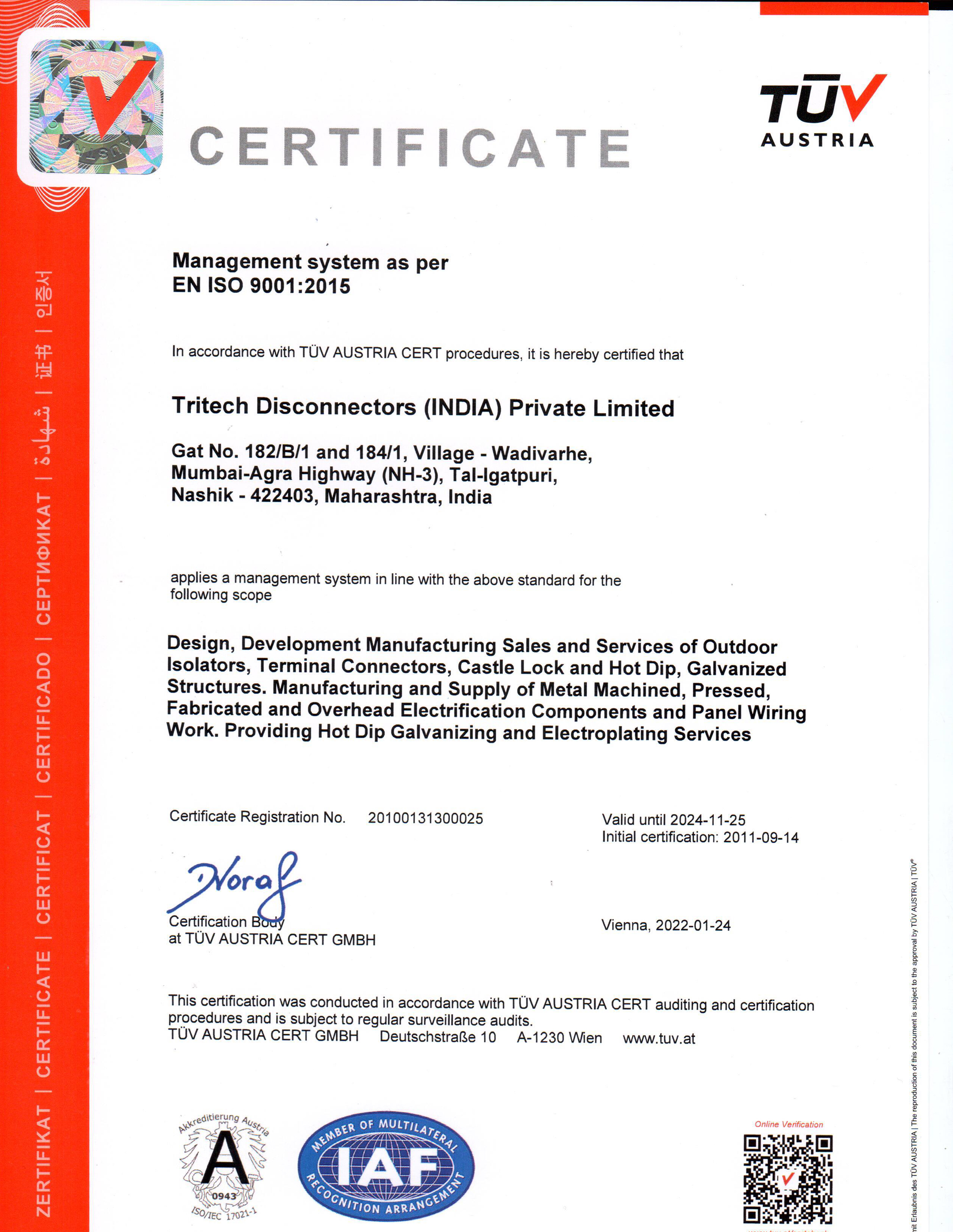 ISO 9001 Certificate certificate published by Tritech