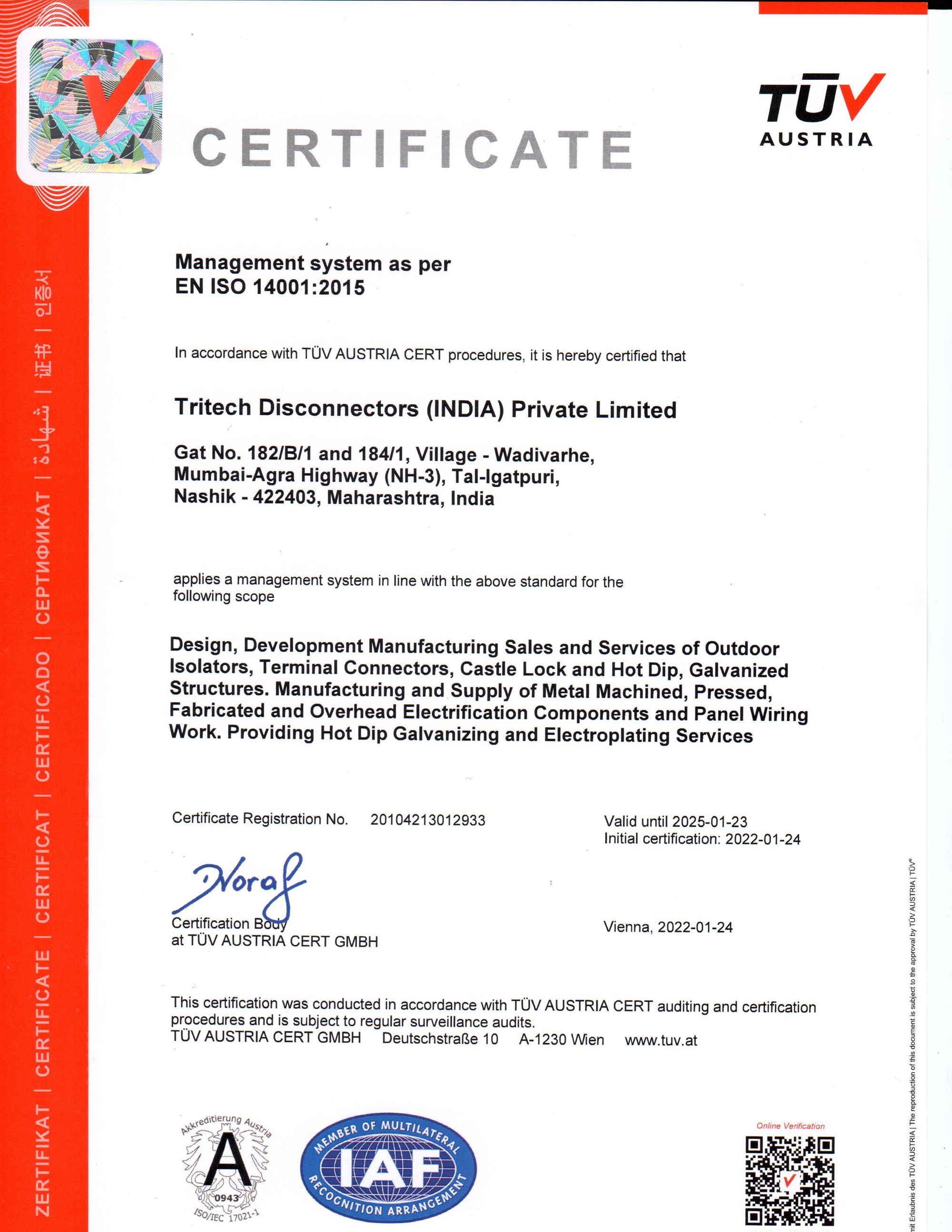 ISO 14001 Certificate certificate published by Tritech